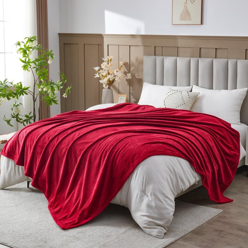 NEWCOSPLAY Super Soft Queen Blanket Red Premium Silky Flannel Fleece Leaves Pattern Lightweight Bed Blanket All Season Use (Red, Queen(90"x90")) - Image 2