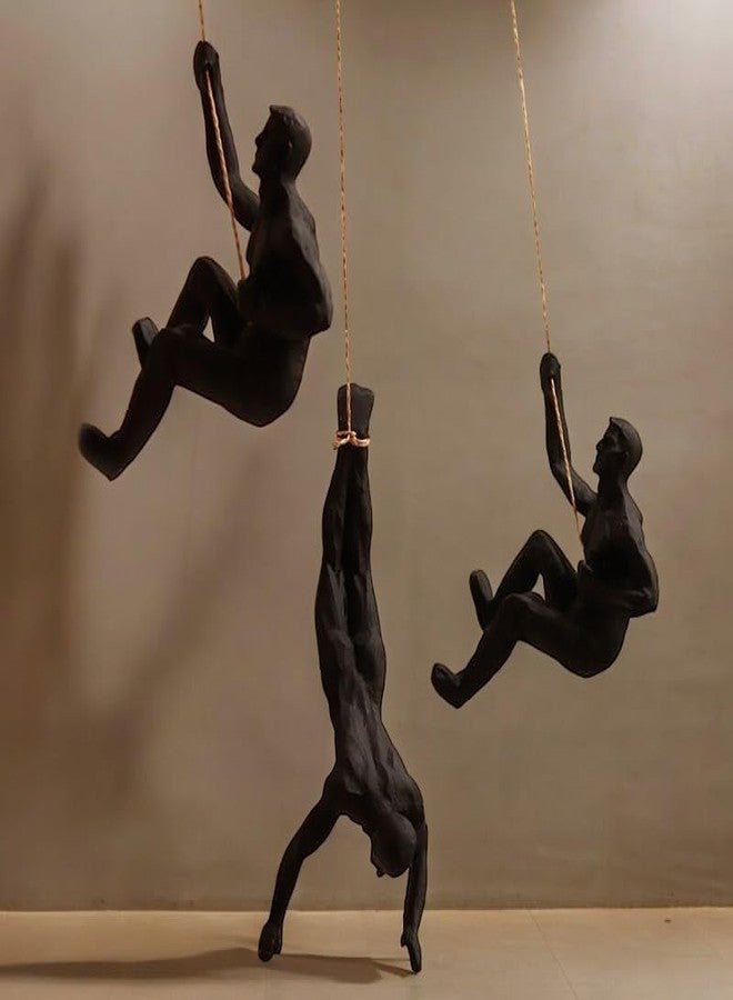 Karigaari India Rock Climbing Men Sculpture Wall Hanging (Set of 3) I Wall Art I Wall Decor I Black - Image 1