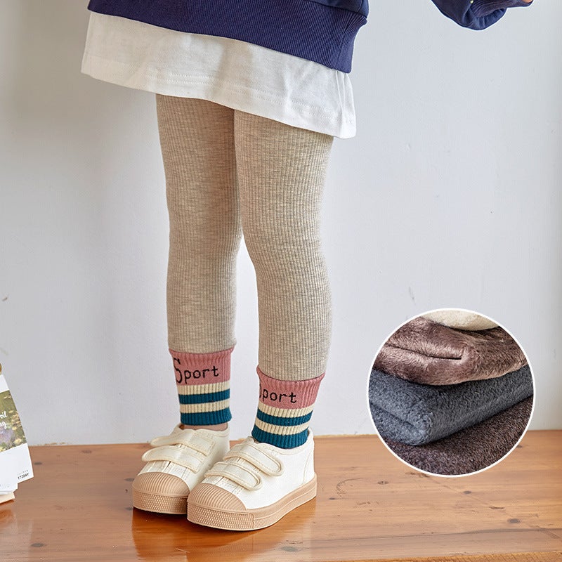 Adjustable Baby Children'S Pants Fleece-Lined Thickened Girl'S Leggings Foot Mouth Love Children'S One - Image 1