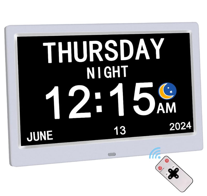 AINFTIME DST Digital Clock with Date and Day of Week for Elderly12 Alarms Medication Reminder Dementia Alzheimers Clock Calendar with Extra Large Display 101 inch White
