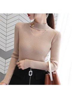 Womens V-Neck Hollow Out Sweater 2024 Spring Khaki regular spring & fall cut outv neck