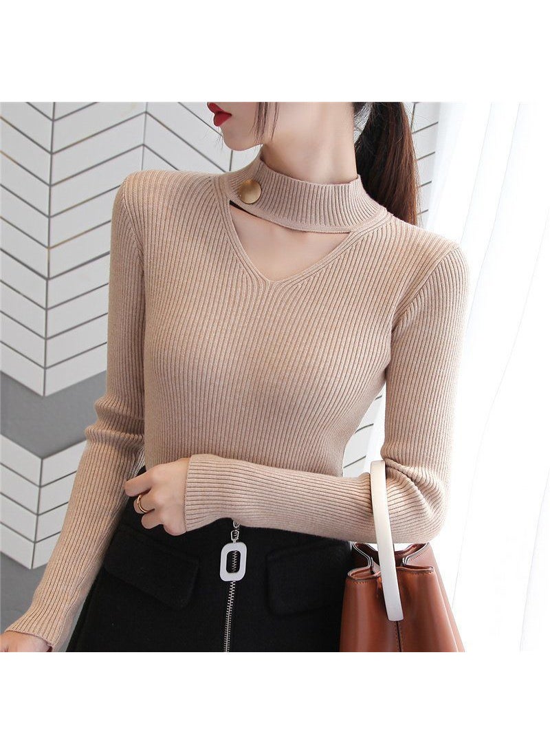 Generic - Womens V-Neck Hollow Out Sweater 2024 Spring Khaki regular spring & fall cut outv neck - Image 1