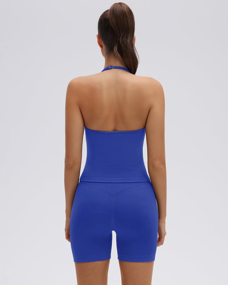 SUUKSESS Women 2 Piece Seamless workout Sets Halter Backless Impact Longline Strappy Tank Top Sport Gym Yoga Bike Shorts (Blue, XS) - Image 4