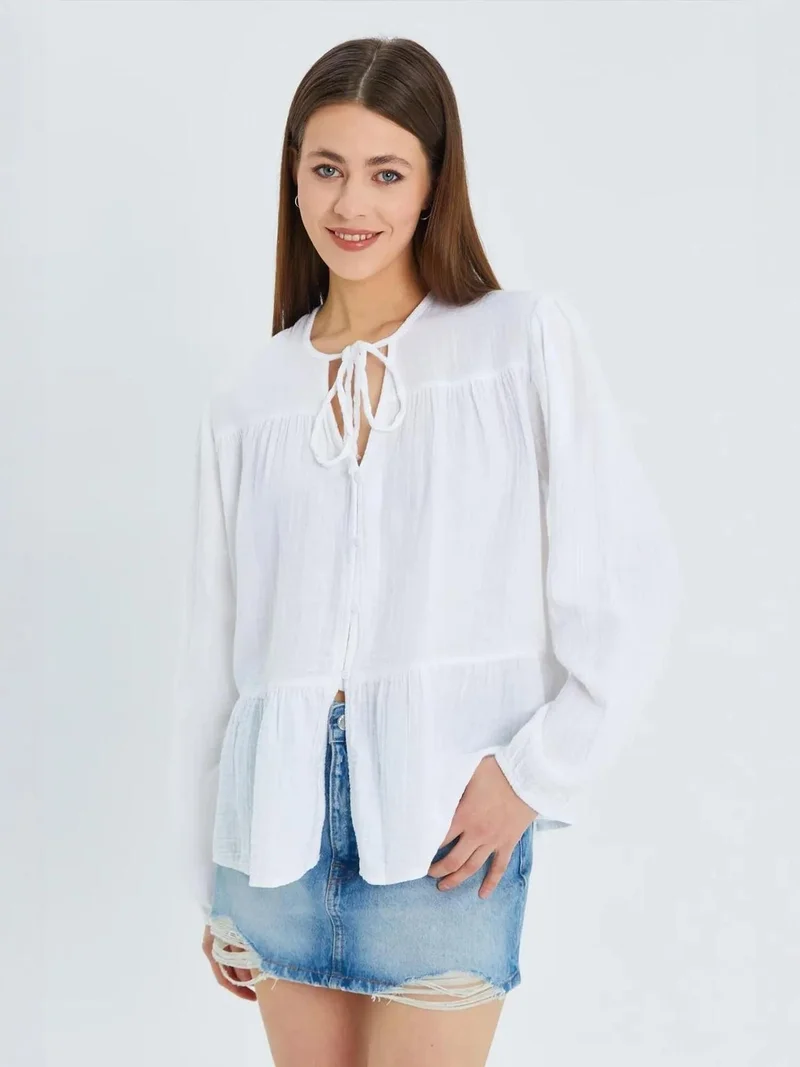 ميكسراي بلوزة ميكسراي بأكمام طويلة وقصة مريحة مع ربطة عنق