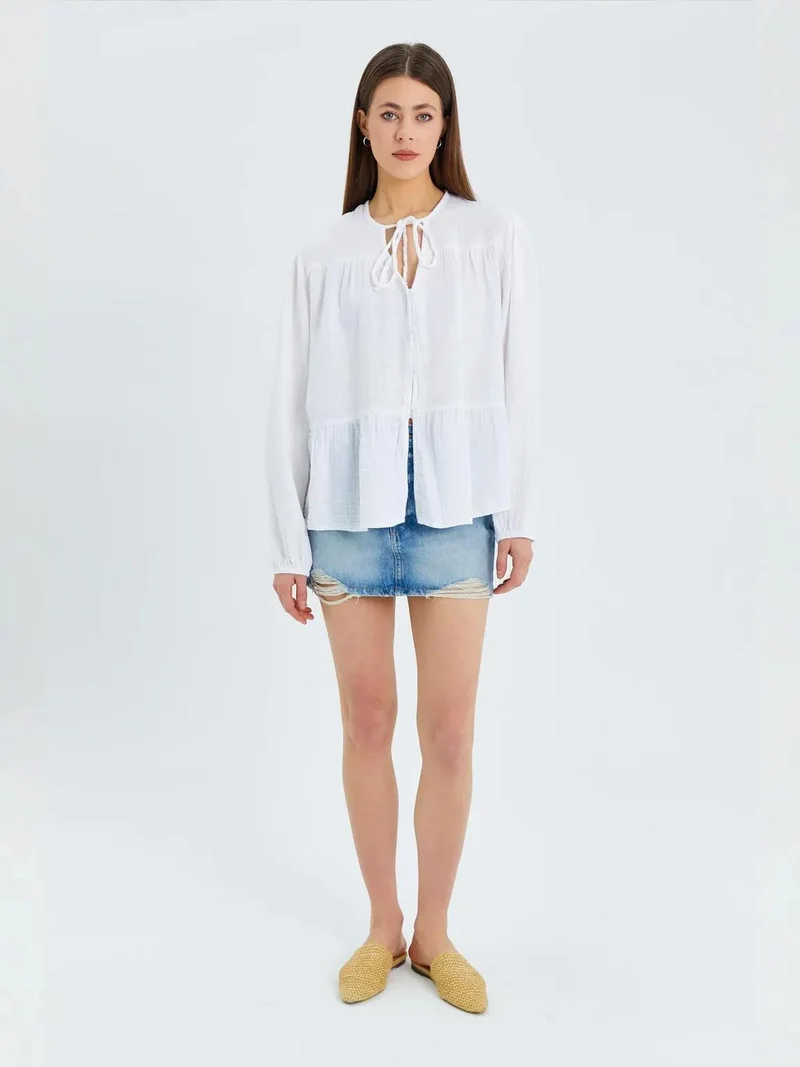 MixRay Mixray Long Sleeve Relaxed Fit Blouse with Tie-Neck
