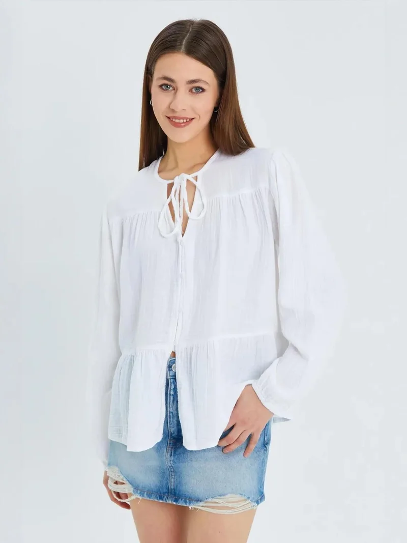 Mixray Long Sleeve Relaxed Fit Blouse with Tie-Neck