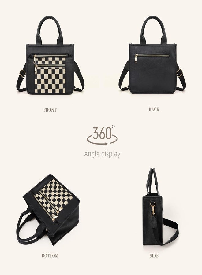 WJCD Women's Tote Handbags Stylish Vegan Leather Handheld Purse for Women Plaid Striped Adjustable Strap Durable Lightweight (Black&Chessboard Pattern) - Image 3