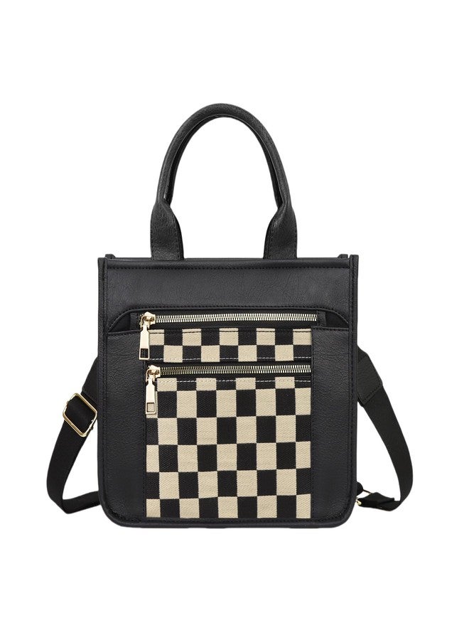 WJCD Women's Tote Handbags Stylish Vegan Leather Handheld Purse for Women Plaid Striped Adjustable Strap Durable Lightweight (Black&Chessboard Pattern) - Image 1