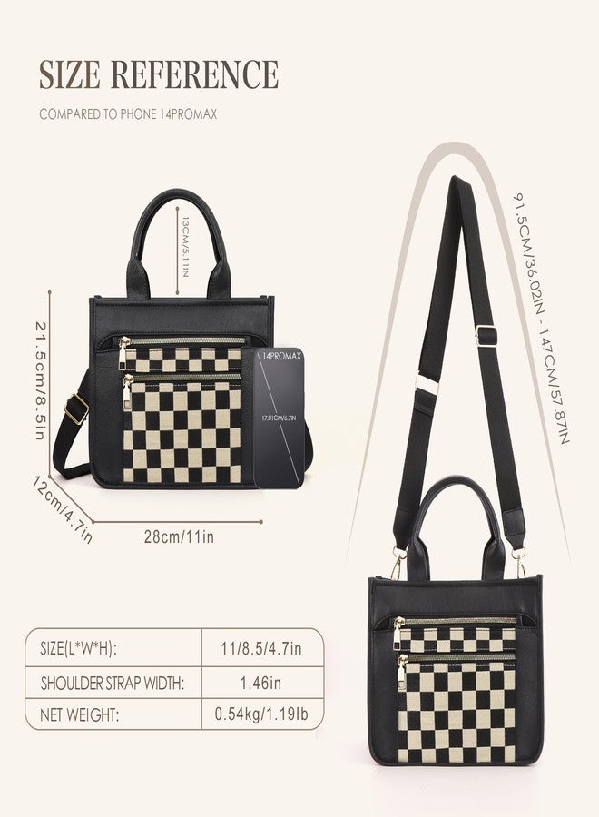 WJCD Women's Tote Handbags Stylish Vegan Leather Handheld Purse for Women Plaid Striped Adjustable Strap Durable Lightweight (Black&Chessboard Pattern) - Image 4