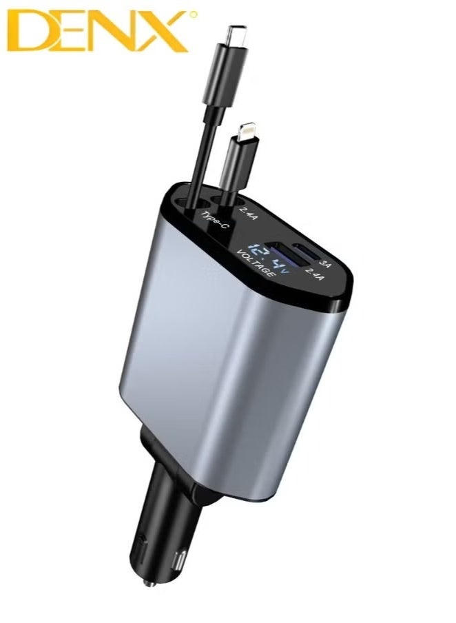 Denx 4 in 1 Retractable Car Charger 18W Compatible with Android and IOS Devices Fast Car Power Adapter 80cm Type C Cables 18W USB Output and Display  - Image 1