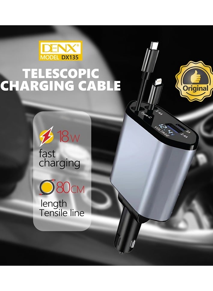 Denx 4 in 1 Retractable Car Charger 18W Compatible with Android and IOS Devices Fast Car Power Adapter 80cm Type C Cables 18W USB Output and Display  - Image 3