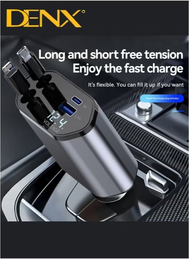 Denx 4 in 1 Retractable Car Charger 18W Compatible with Android and IOS Devices Fast Car Power Adapter 80cm Type C Cables 18W USB Output and Display  - Image 2