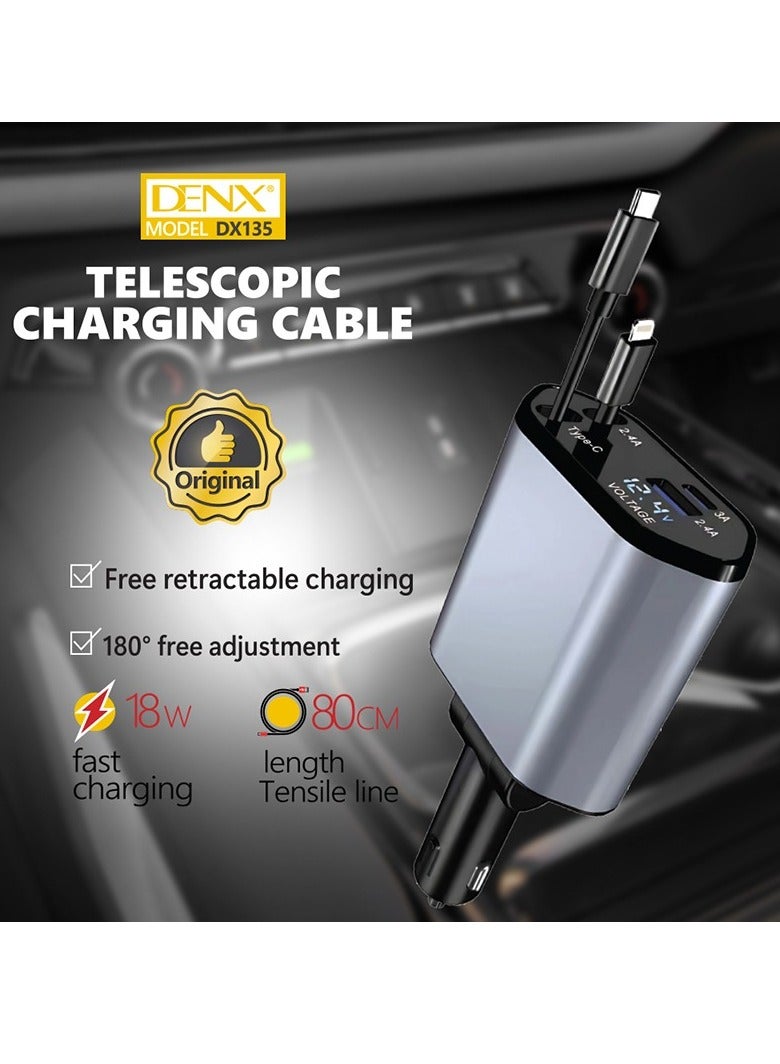 Denx 4 in 1 Retractable Car Charger 18W Compatible with Android and IOS Devices Fast Car Power Adapter 80cm Type C Cables 18W USB Output and Display  - Image 5