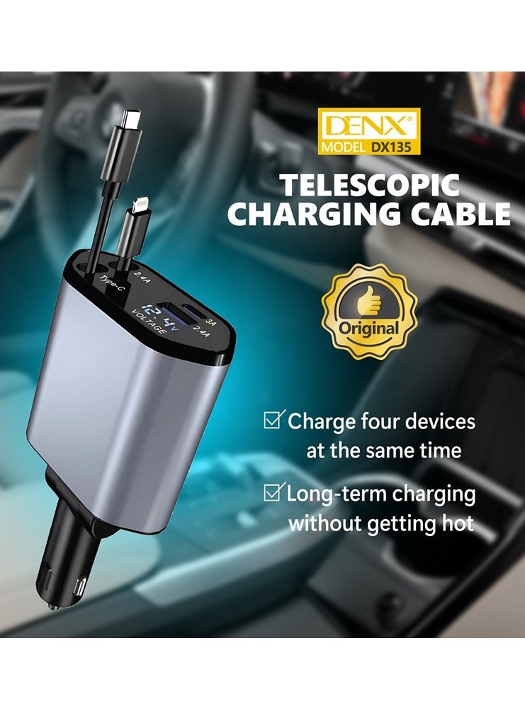Denx 4 in 1 Retractable Car Charger 18W Compatible with Android and IOS Devices Fast Car Power Adapter 80cm Type C Cables 18W USB Output and Display  - Image 4