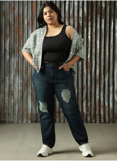 Women High-Rise Mom Fit Light Fade Heavy Distress Jeans