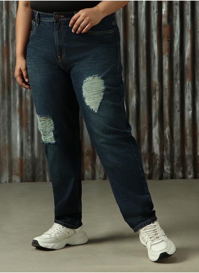 HIGH STAR - Women High-Rise Mom Fit Light Fade Heavy Distress Jeans - Image 1