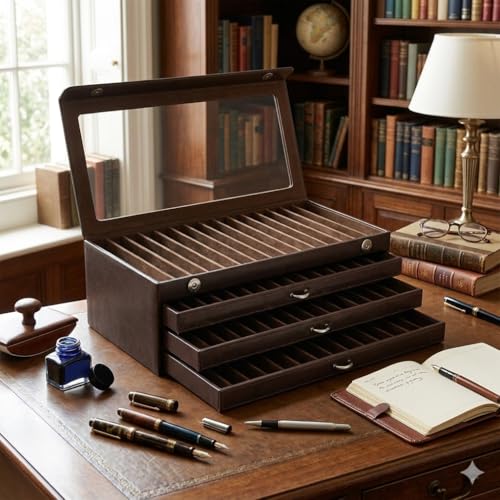 essart Faux Leather Four Level Pen Transparent Display Organizer Box for 60 pens in Snakebit-Brown Color - Image 4