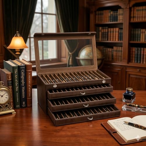 essart Faux Leather Four Level Pen Transparent Display Organizer Box for 60 pens in Snakebit-Brown Color - Image 3