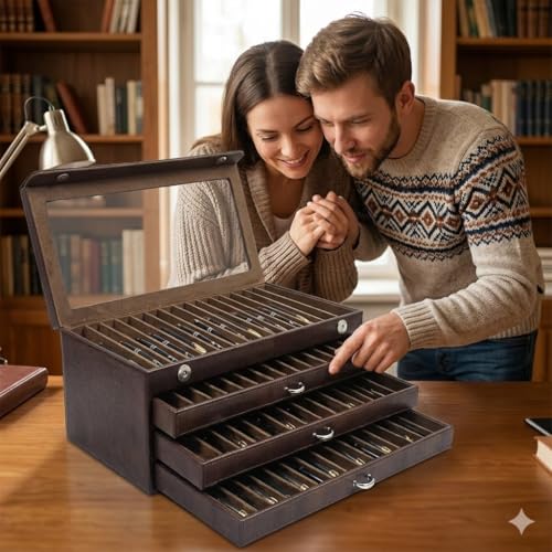 essart Faux Leather Four Level Pen Transparent Display Organizer Box for 60 pens in Snakebit-Brown Color - Image 2
