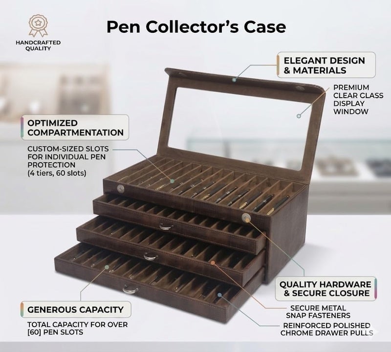 essart Faux Leather Four Level Pen Transparent Display Organizer Box for 60 pens in Snakebit-Brown Color - Image 5