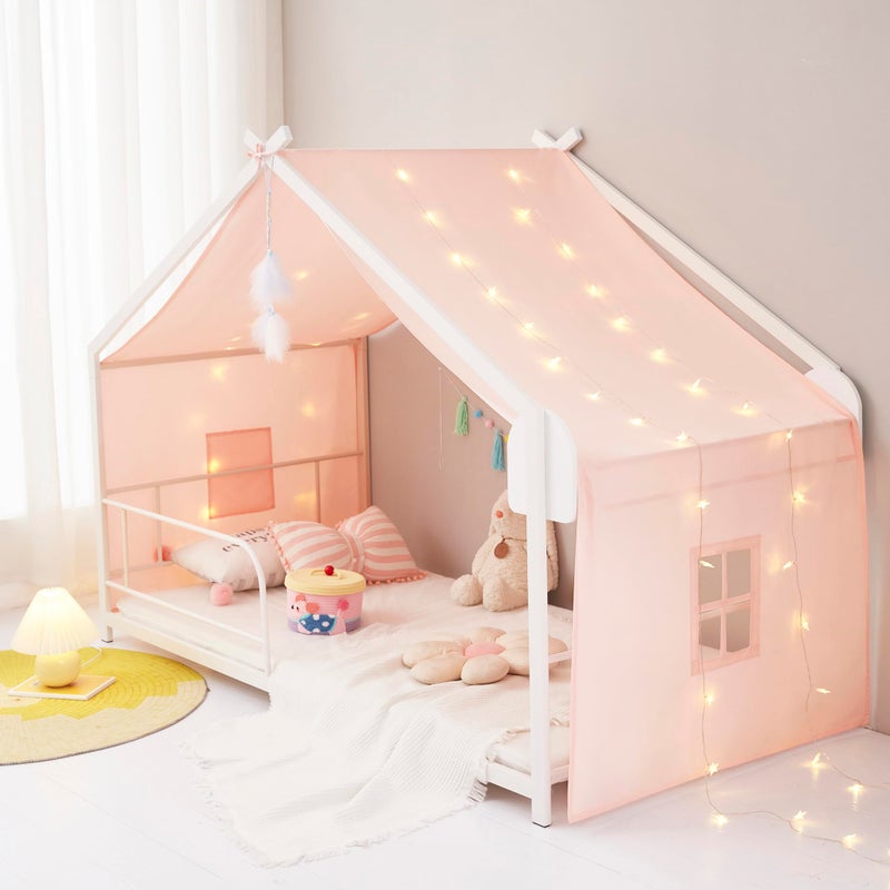 Mengersi Bed Canopy House Canopy Bed Curtains with Lights,Montessori House Bed Metal Floor Bed Canopy for Girls Boys,Fit for Twin Full Queen Bed,No Frame (Beige Pink) - Image 2