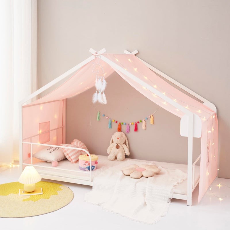 Mengersi Bed Canopy House Canopy Bed Curtains with Lights,Montessori House Bed Metal Floor Bed Canopy for Girls Boys,Fit for Twin Full Queen Bed,No Frame (Beige Pink) - Image 3