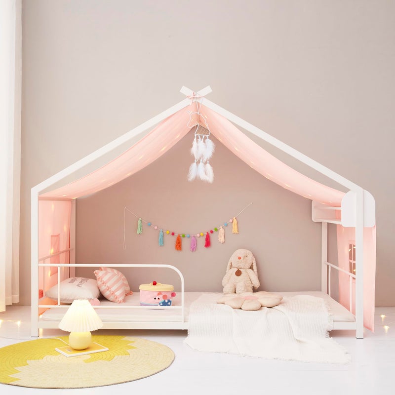 Mengersi Bed Canopy House Canopy Bed Curtains with Lights,Montessori House Bed Metal Floor Bed Canopy for Girls Boys,Fit for Twin Full Queen Bed,No Frame (Beige Pink) - Image 4