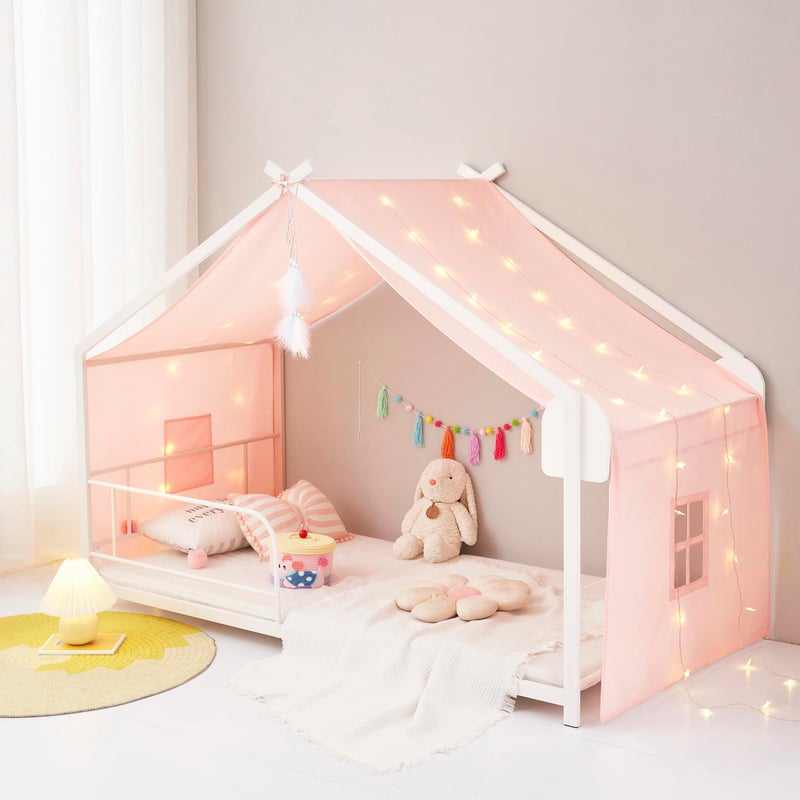 Mengersi Bed Canopy House Canopy Bed Curtains with Lights,Montessori House Bed Metal Floor Bed Canopy for Girls Boys,Fit for Twin Full Queen Bed,No Frame (Beige Pink) - Image 1