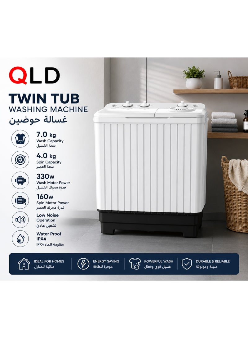 QLD QLWM-7K-TTW Semi-Automatic Twin Tub Washing Machine, 7kg Wash, 4kg Spin, White - Image 4