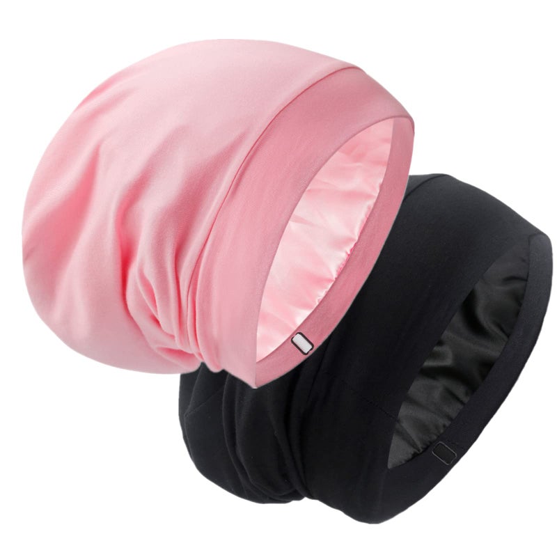 GB Selected Silk Satin Lined Bonnet Sleep Cap  Adjustable Stay on All Night Hair Wrap Cover Slouchy Beanie for Curly Hair Protection for Women and Men  Black  Pink