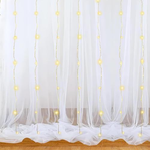 1iAM 3pcs White Decoration Net Light Combo - 2pcs Large, Stitched with Ribbon, Nylon Made, Reusable, Soft, Wrinkled Free, 8.5x5ft Each, Backdrop Decor Net & 1pc 11m Rice Light for Any Party or Event - Image 1