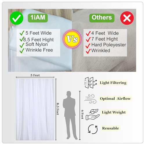 1iAM 3pcs White Decoration Net Light Combo - 2pcs Large, Stitched with Ribbon, Nylon Made, Reusable, Soft, Wrinkled Free, 8.5x5ft Each, Backdrop Decor Net & 1pc 11m Rice Light for Any Party or Event - Image 4