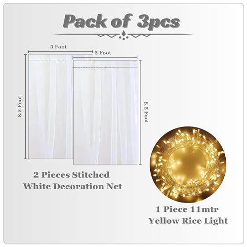 1iAM 3pcs White Decoration Net Light Combo - 2pcs Large, Stitched with Ribbon, Nylon Made, Reusable, Soft, Wrinkled Free, 8.5x5ft Each, Backdrop Decor Net & 1pc 11m Rice Light for Any Party or Event - Image 2