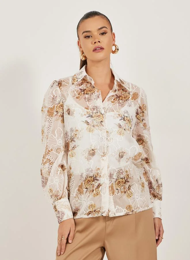 Styli Embroidered Balloon Sleeve Regular Fit Shirt