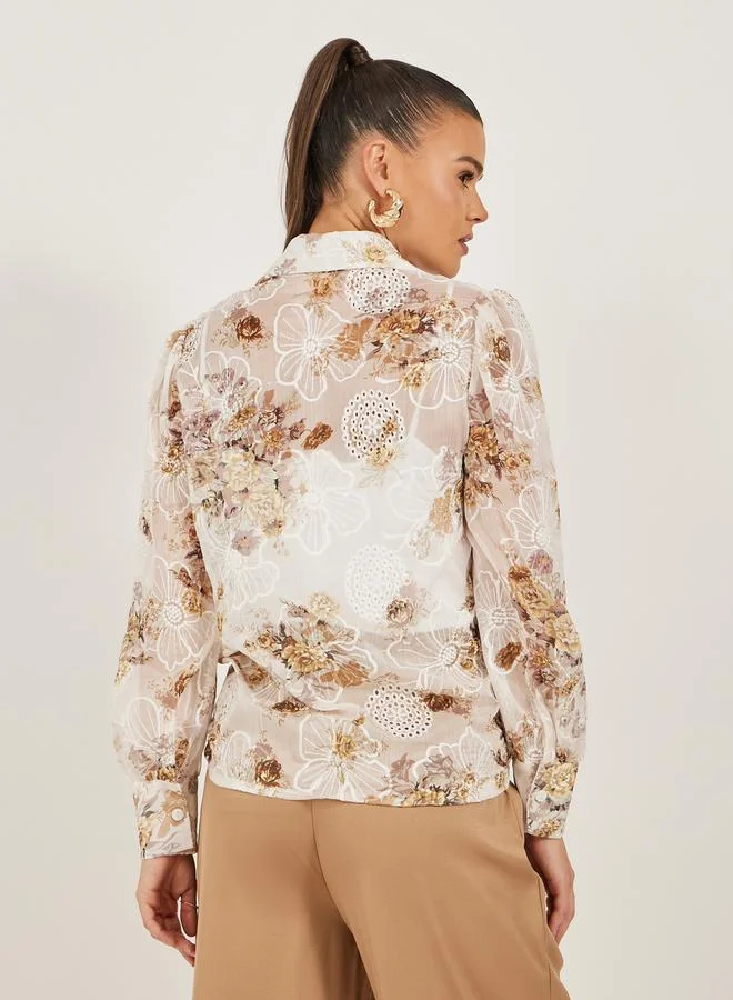 Styli Embroidered Balloon Sleeve Regular Fit Shirt