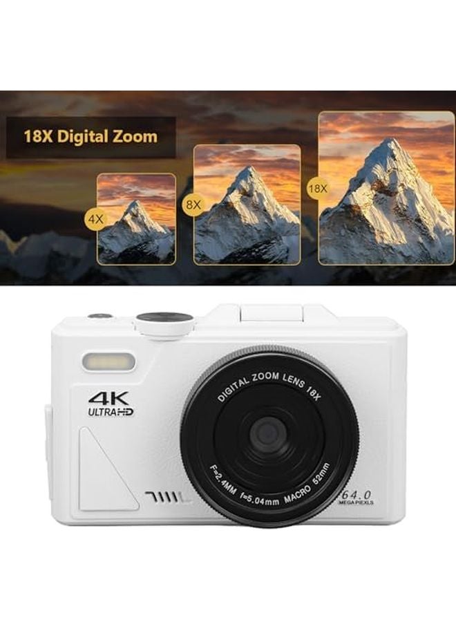 4K 64MP Digital Camera 18x Zoom 3 Inch Flip Screen Mirrorless Camera White - Image 5