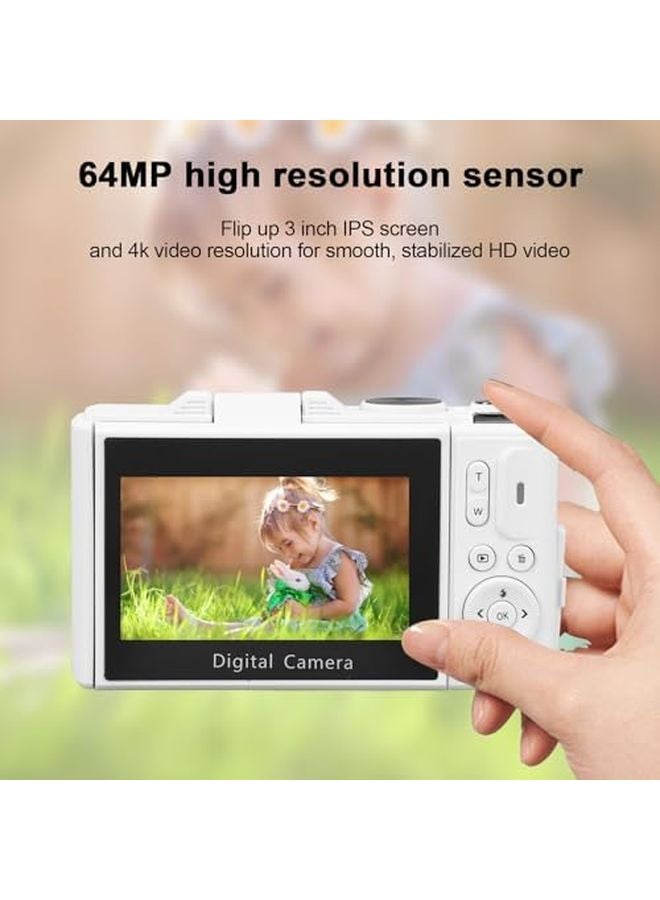 4K 64MP Digital Camera 18x Zoom 3 Inch Flip Screen Mirrorless Camera White - Image 4