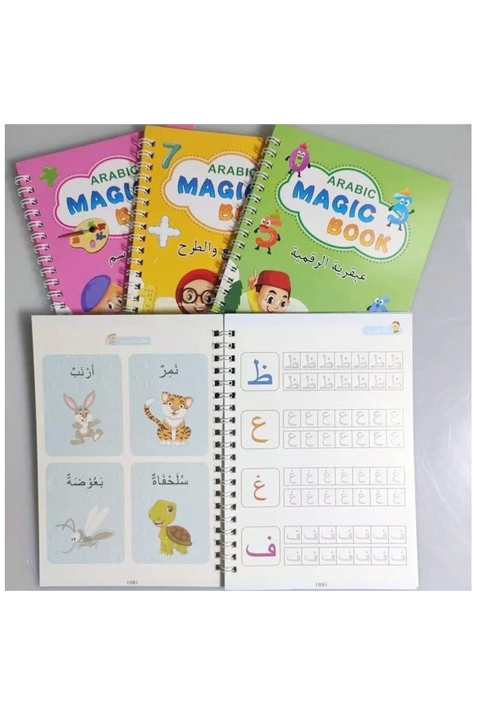 سانك ماجيك كتاب سحري، 8 قطع، قابل لإعادة الاستخدام، كتاب سحري للكتابة، أخدود، لوحة مفاتيح أبجدية عربية للأطفال، كتاب كلمات، تدريب على الخط العربي (8 كتب عربية، قلمان، 10 عبوات إعادة تعبئة، وقلمان مساعدان) - Image 3