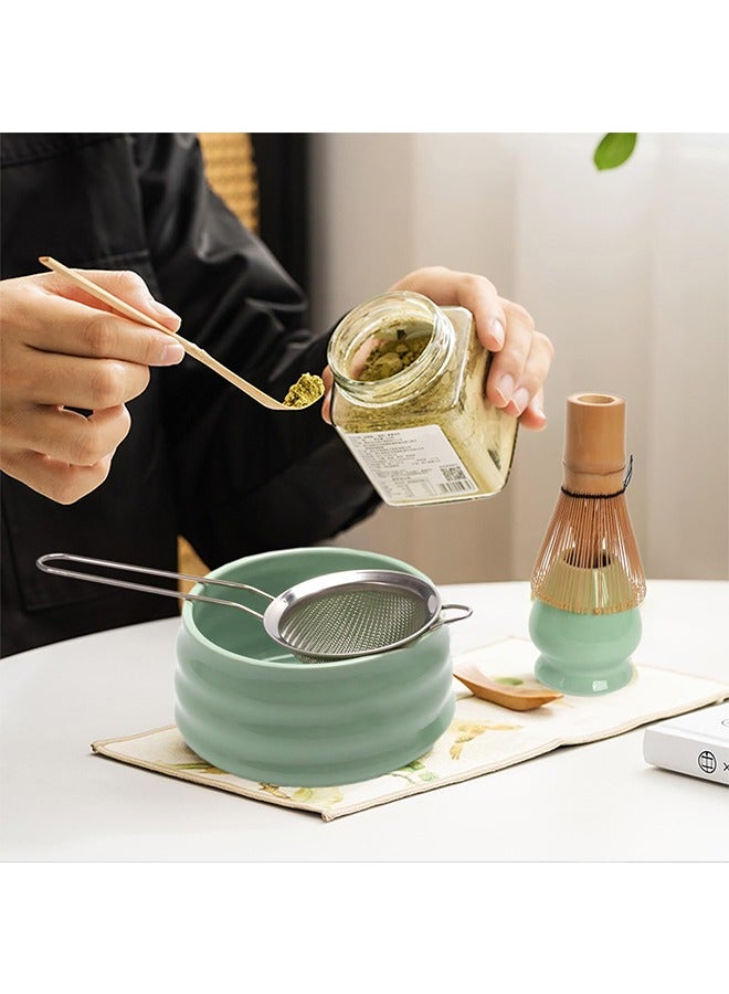 بوفان مجموعة خفاقة شاي الماتشا من 5 قطع تتضمن وعاء ماتشا، خفاقة من الخيزران، حامل خفاقة سيراميك، مغرفة، مجموعة أدوات ماتشا تقليدية لحفل شاي الماتشا (أخضر) - Image 2