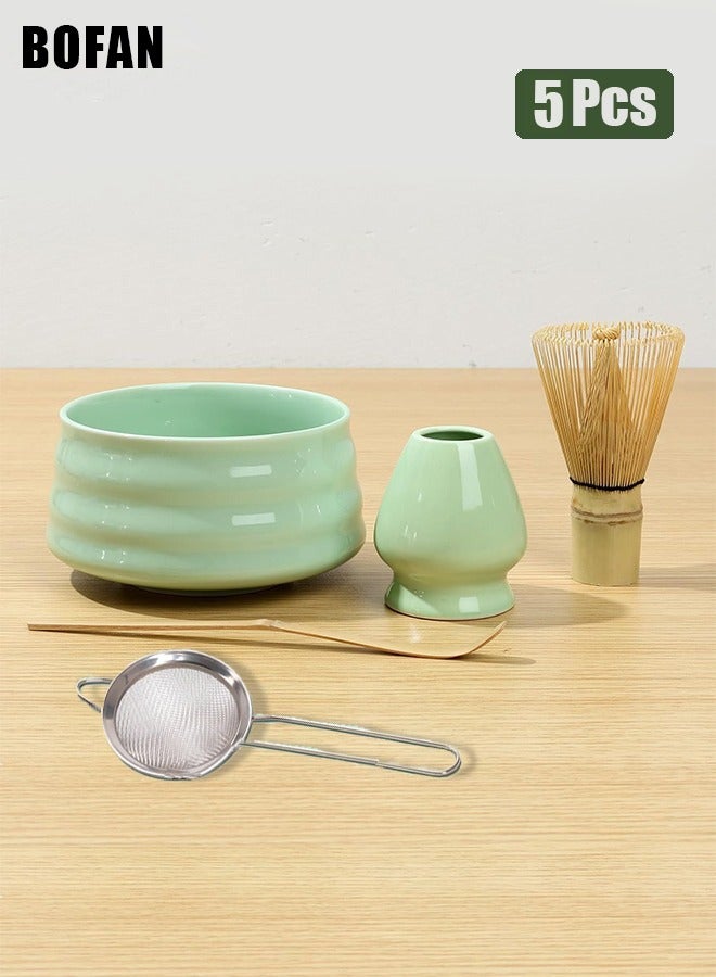 بوفان مجموعة خفاقة شاي الماتشا من 5 قطع تتضمن وعاء ماتشا، خفاقة من الخيزران، حامل خفاقة سيراميك، مغرفة، مجموعة أدوات ماتشا تقليدية لحفل شاي الماتشا (أخضر) - Image 4