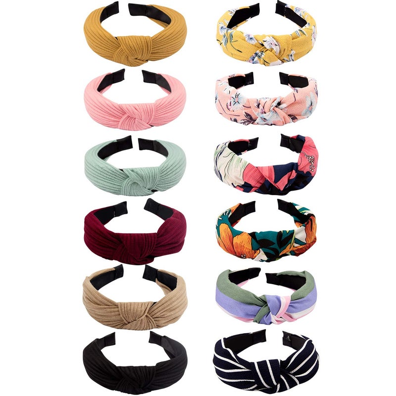 VELSCRUN 12 Pcs Womens Headbands Knotted Headbands for Women Wide Headband Boho Bandeau Knot Turban Headband Hair Band Elastic Hair Accessories for Women