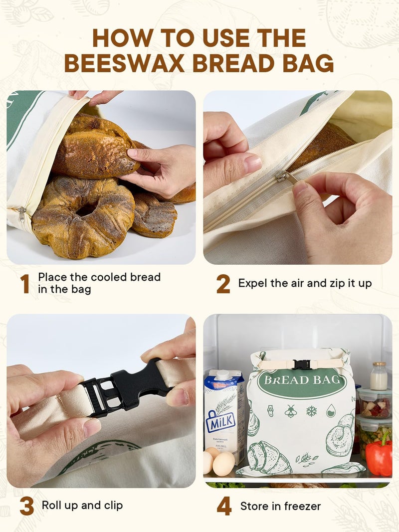 CUIJIALAHA 2 Pack Zippered Beeswax Bread Bags 17Ã—13 Inch Large Cotton Sourdough Bread Bags Reusable Bread Storage Bags for Homemade Bread Freezer Safe for Bagel Croissant & Baguette Kitchen Baking Supplies - Image 4