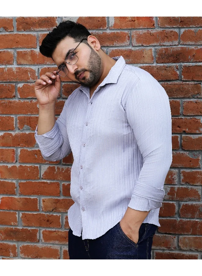Instafab Plus Men's Moon Grey Self-Design Striped Shirt
