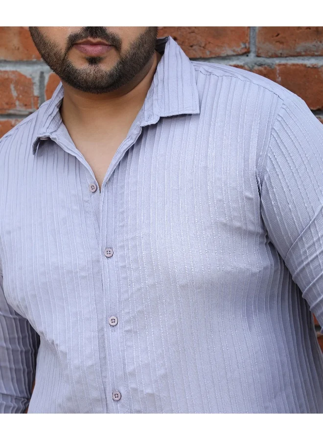 Instafab Plus Men's Moon Grey Self-Design Striped Shirt