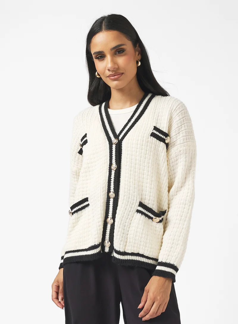 جينجر Varsity Style Button Up Cardigan with Contrast Trim