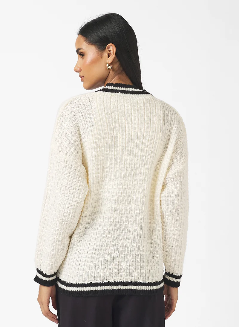 جينجر Varsity Style Button Up Cardigan with Contrast Trim