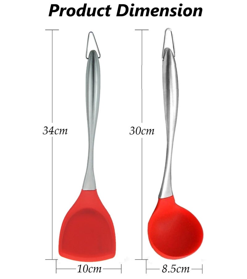 Baskety Kitchen Spatula Set Multipurpose Solid Spatula and ladle - Nylon Utensils with Nonstick, 304(18/10) Stainless Steel Handle Pack of 2 (Red) - Image 2