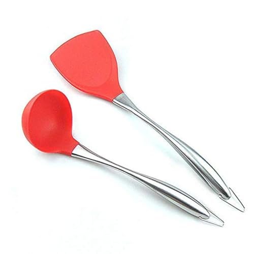 Baskety Kitchen Spatula Set Multipurpose Solid Spatula and ladle - Nylon Utensils with Nonstick, 304(18/10) Stainless Steel Handle Pack of 2 (Red) - Image 1