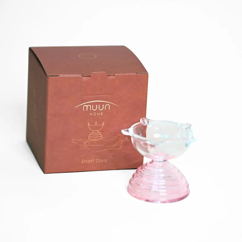 Muun Home Muun Home Short Pink Glass Diya for Pooja Room & Mandir | Decorative Oil Lamp for Diwali Decoration, Wedding, Housewarming & Festive Home Decor