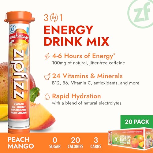 Zipfizz Daily Energy Drink Powder, Peach Mango, 20 Pack | 3-in-1 Sustained Energy, Rapid Hydration, and Essential Vitamins | Sugar-Free | Electrolyte Powder | Contains Vitamin B-12 & Antioxidants - Image 2